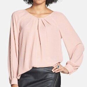 BELLATRIX Pleat Neck Long Sleeve Blouse Solid Light Baby Pink Keyhole Cutout XS